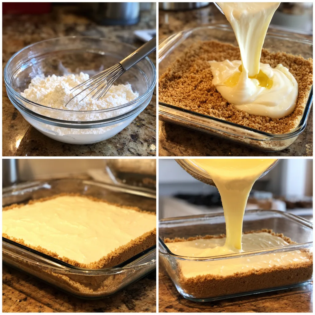 Step-by-step process of making cottage cheese cheesecake bars in four panels from mixing to slicing.