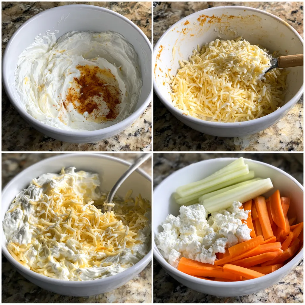 Step-by-step process of making Buffalo Cottage Cheese Dip in four panels.
