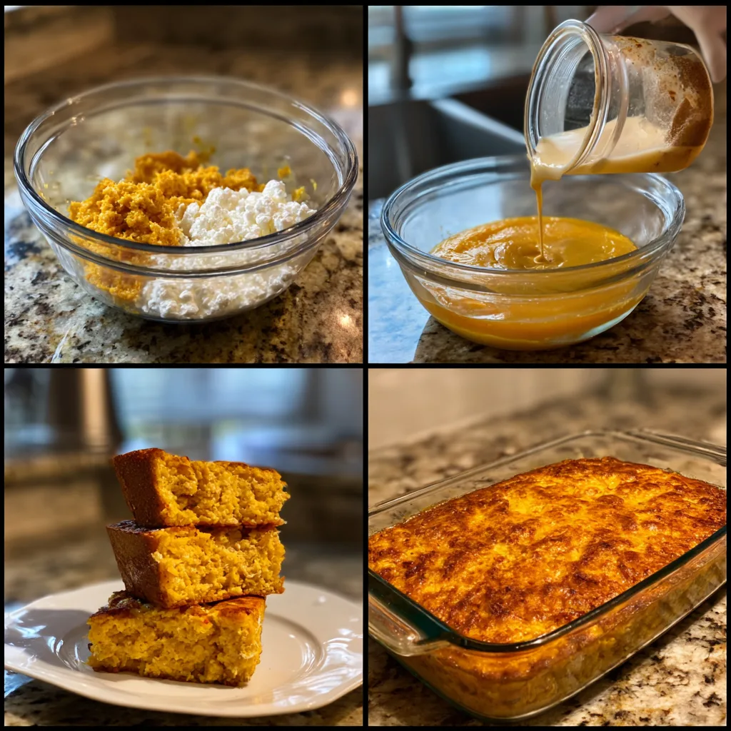 Cottage Cheese Pumpkin Bake: A Cozy and Delicious Cottage Cheese Recipe 3 Step-by-step making of Cottage Cheese Pumpkin Bake from mixing to baking.