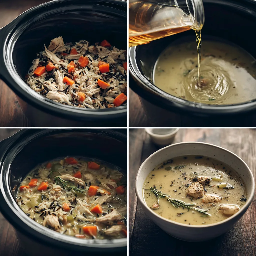 Step-by-step process of making Slow Cooker Chicken & Wild Rice Soup