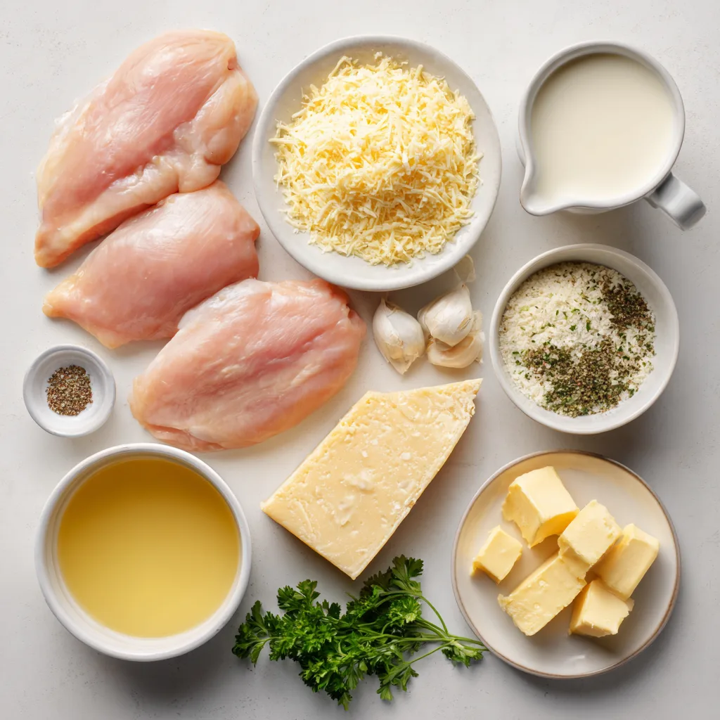 creamy garlic parmesan chicken ingredients overhead