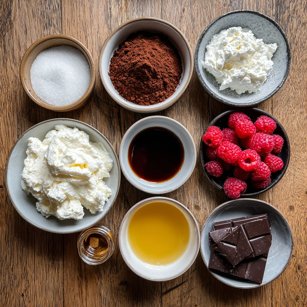 Ingredients for Chocolate Cottage Cheese Mousse laid out on wooden table.
