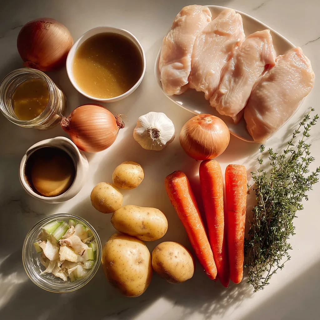 Ingredients for Maple Dijon Chicken Stew laid out on kitchen counter