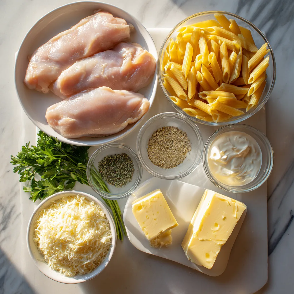 Ingredients for Chicken Alfredo Crockpot Pasta on a marble counter.