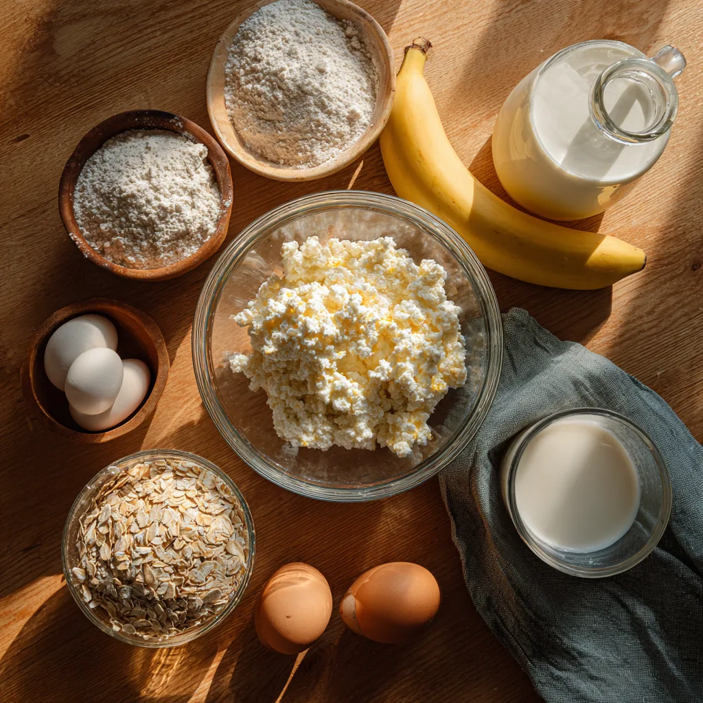 Ingredients for cottage cheese protein pancakes including oats, eggs, and cottage cheese.