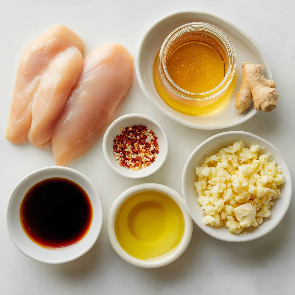 honey garlic chicken crockpot ingredients arranged on white background