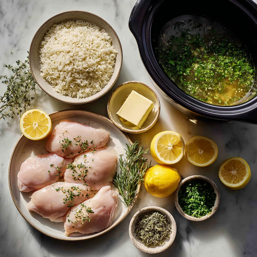 Ingredients for Slow Cooker Lemon Herb Chicken & Rice on a kitchen counter.