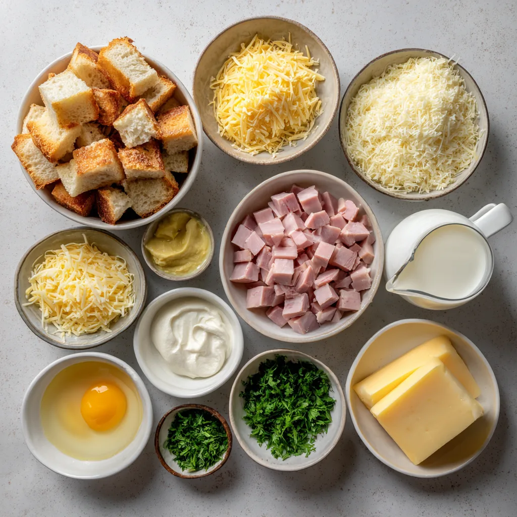 Breakfast Strata with Ham & Swiss ingredients laid out on a clean background