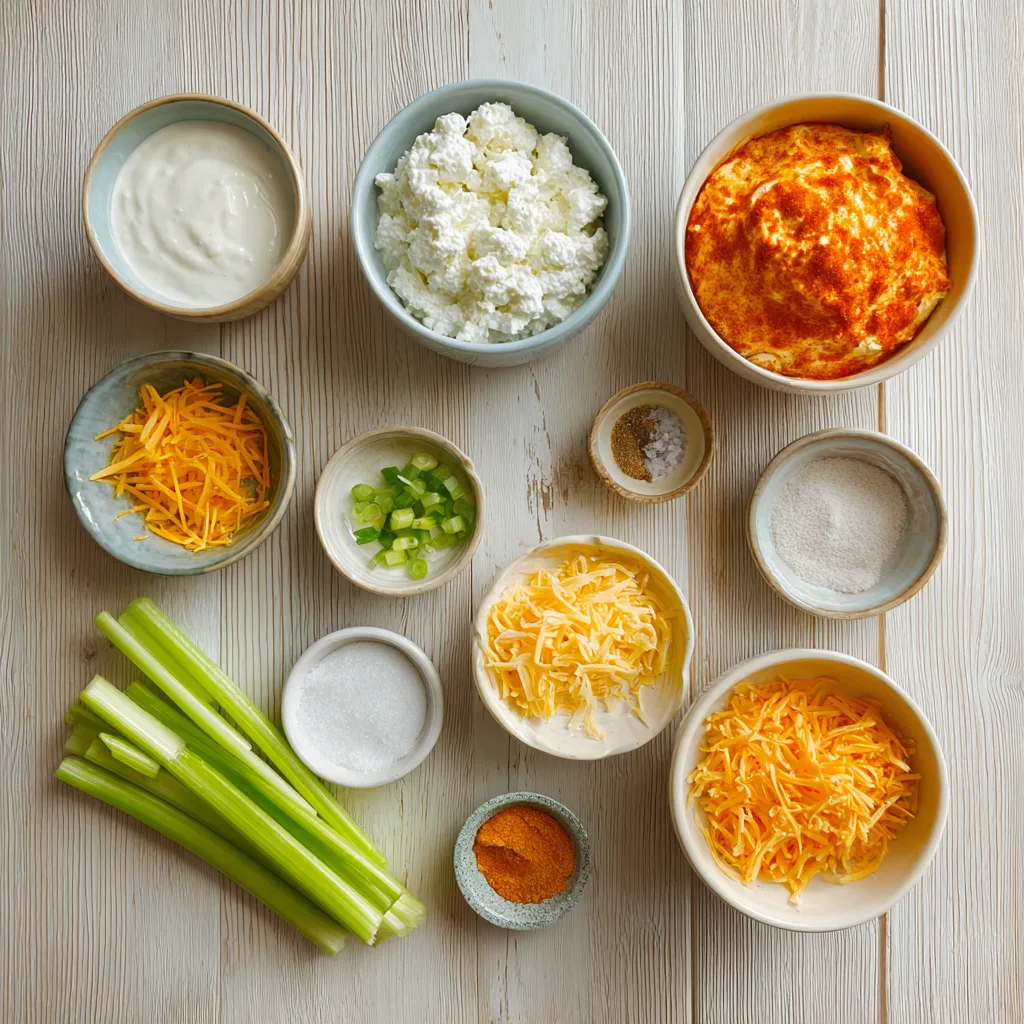 Ingredients for Buffalo Cottage Cheese Dip on a wooden kitchen counter.