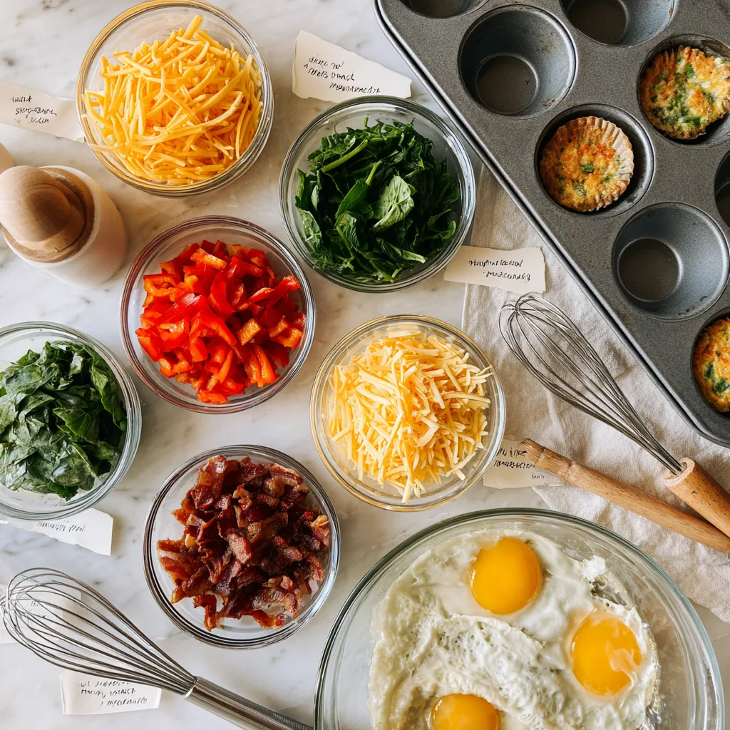 Mini Quiche Muffins ingredients laid out on a kitchen counter