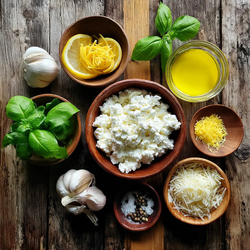 Ingredients for creamy cottage cheese pasta sauce on wooden table.