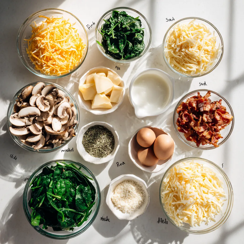 ingredients for mini quiche assortment three flavors on white background