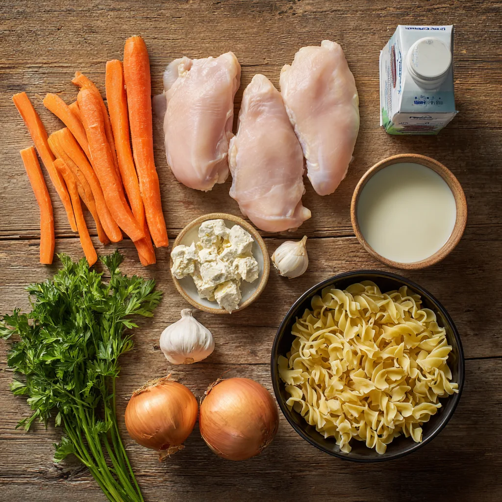 Slow Cooker Creamy Chicken Noodle Soup in a rustic kitchen bowl – cozy homemade comfort food.