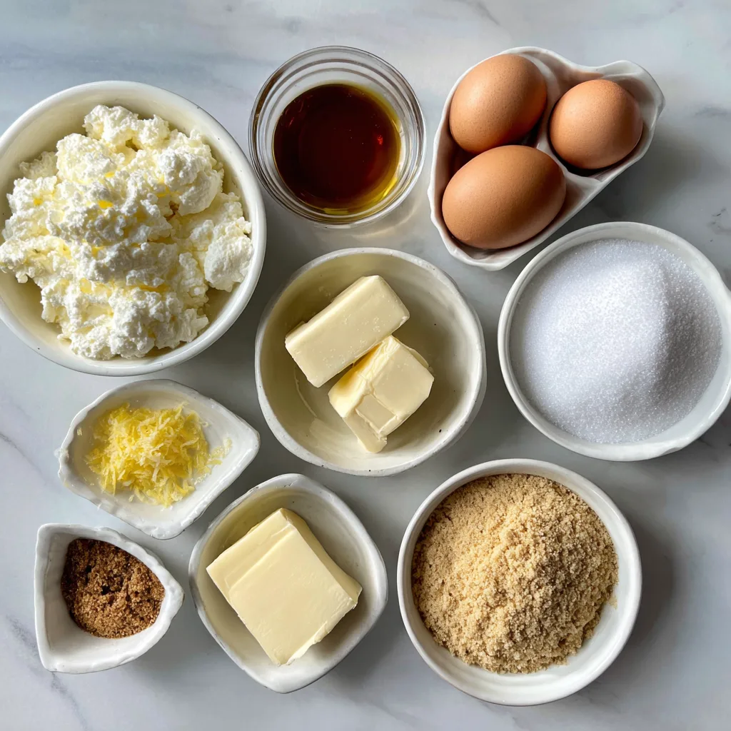 Ingredients for cottage cheese cheesecake bars including cottage cheese, eggs, sugar, butter, and lemon zest.
