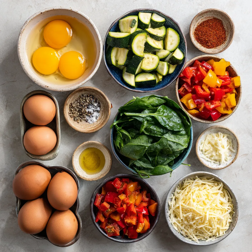 Egg frittata ingredients including eggs, roasted veggies, and spices