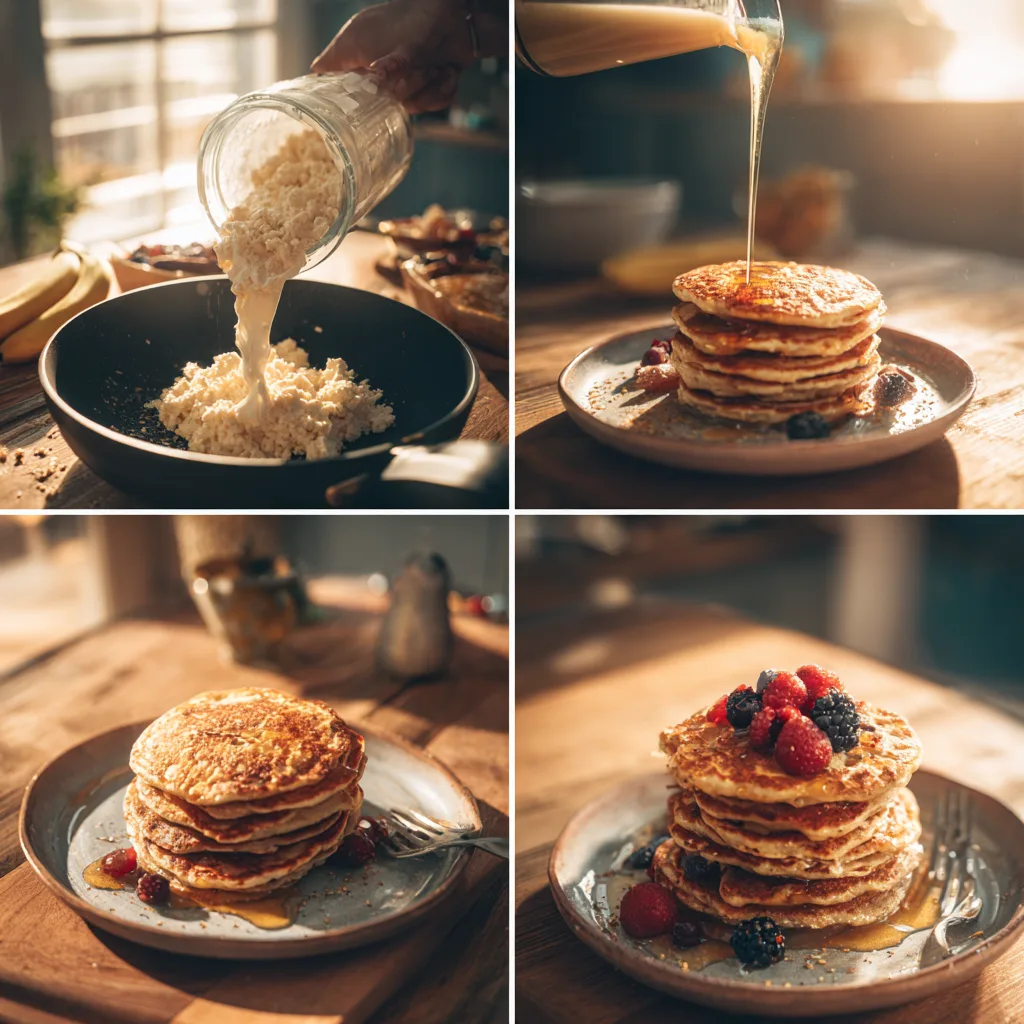 Step-by-step process of making cottage cheese protein pancakes in a home kitchen.