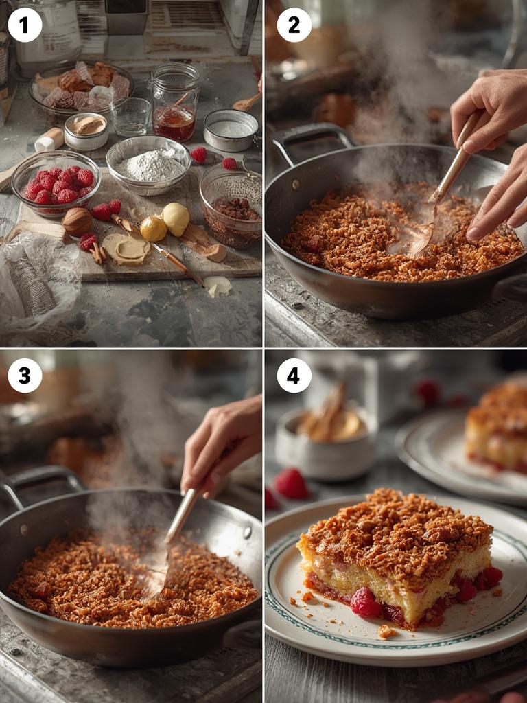 Assembling Raspberry Pretzel Crunch Cake layers