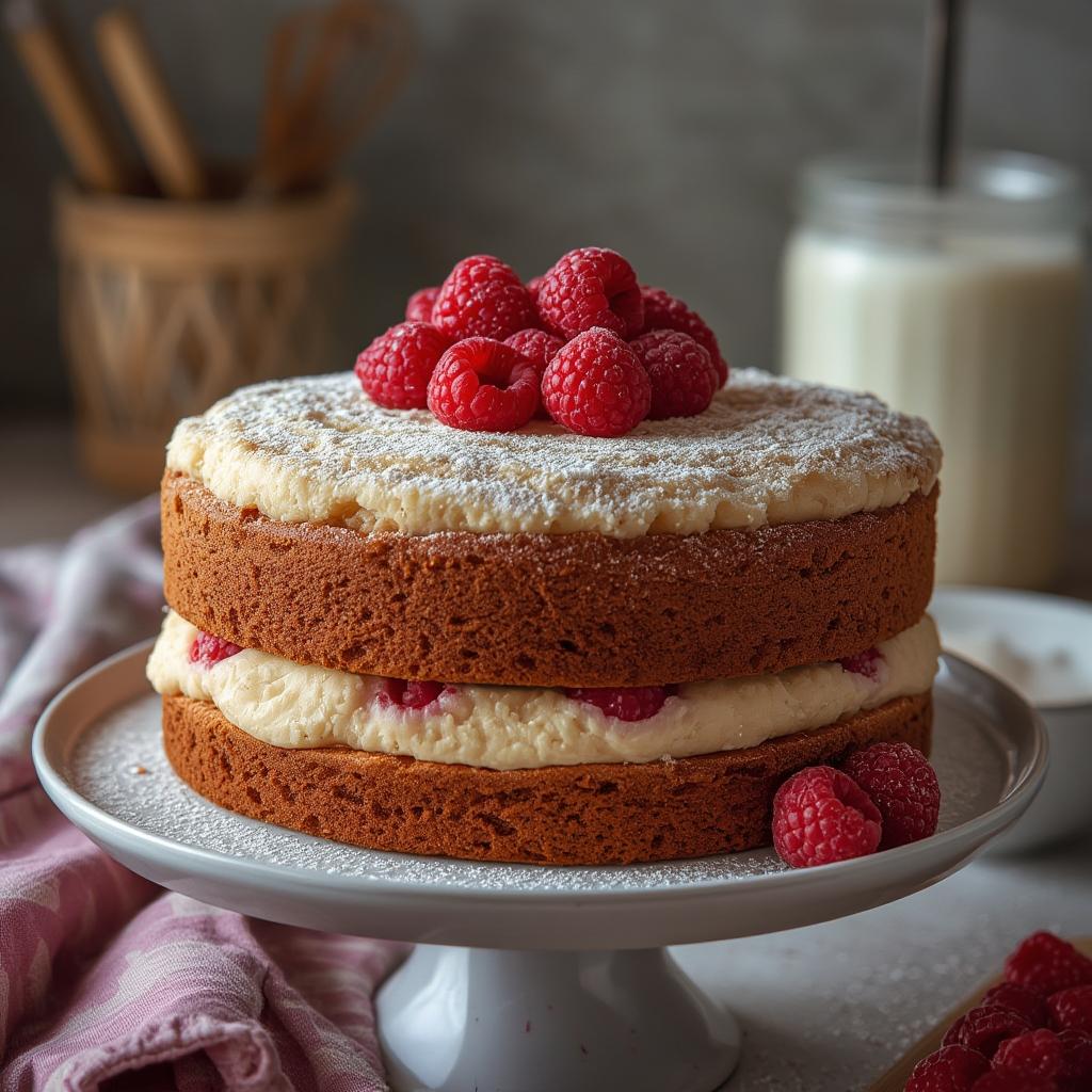 Finished rosewater raspberry sponge cake with edible roses