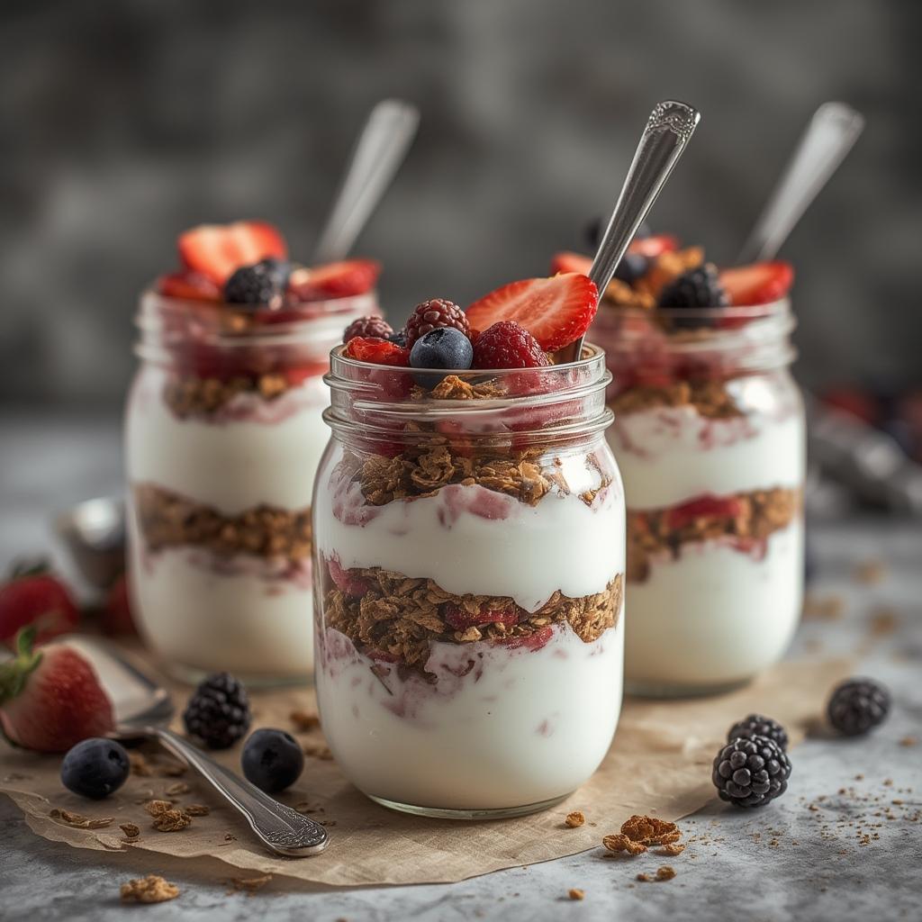 Finished parfait jars with vibrant fruit layers