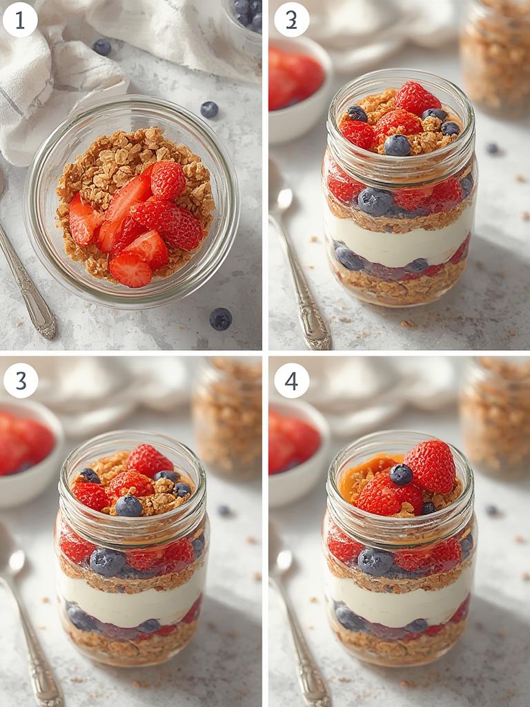 Hand layering yogurt and fruit in jar