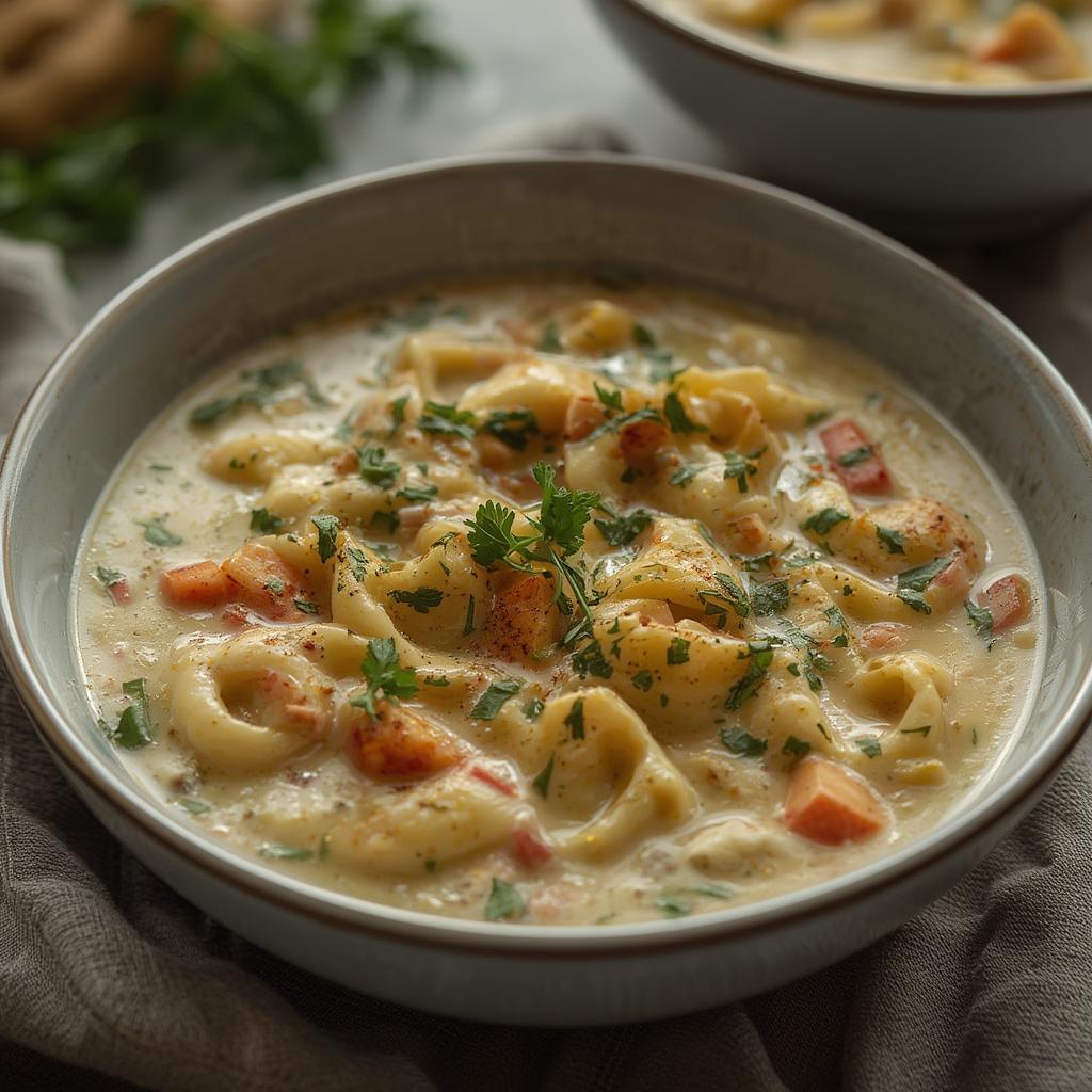Finished creamy tortellini soup with garnishes