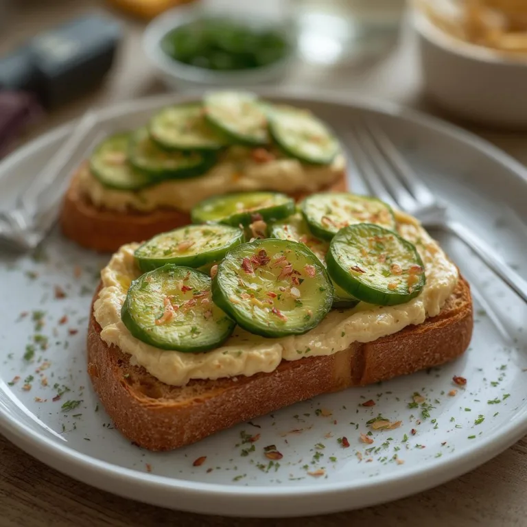 Easy hummus and cucumber breakfast toast.