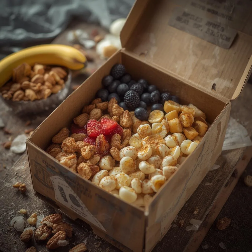 Healthy breakfast snack box with boiled eggs, fruit, and nuts.