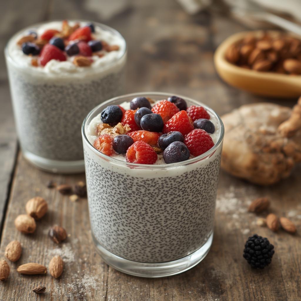 Simple chia pudding with almond milk and seasonal fruit