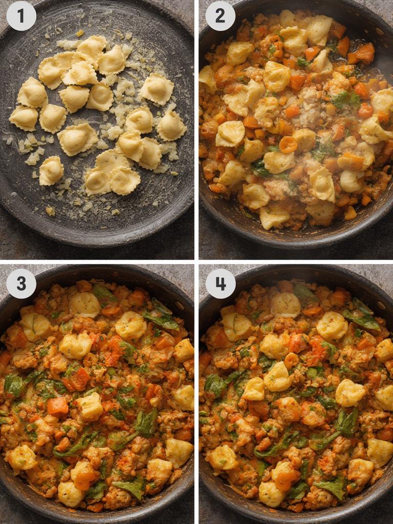Tortellini and vegetables being stir-fried in a skillet with sauce
