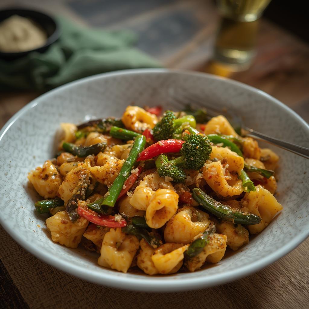 Finished tortellini veggie stir-fry served in a bowl garnished with green onions