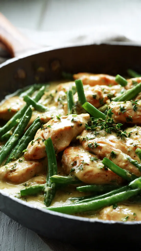 original dijon chicken and green beans in a skille